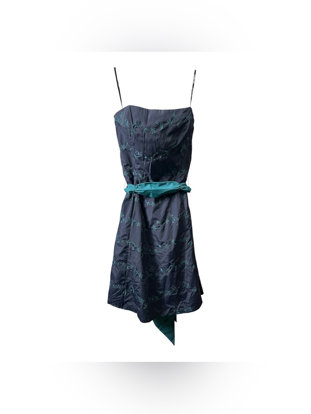 Betsy Johnson Navy Embroidered strapless Dress with Teal Sash